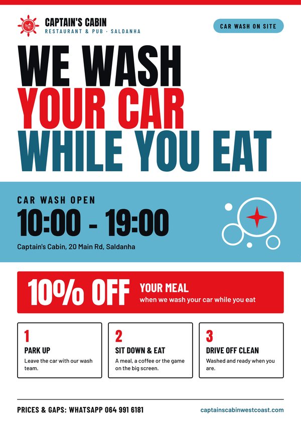 We wash your car while you eat. Car wash open 10:00 to 19:00. 10% off your meal when we wash your car.