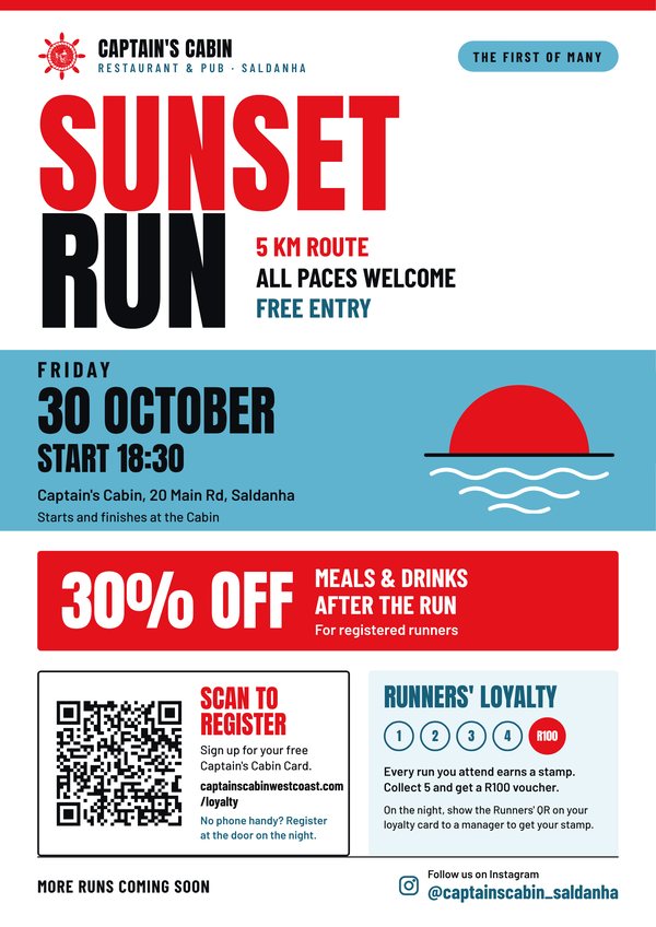 Captain's Cabin Sunset Run, Friday 30 October 2026, start 18:30 at the Cabin, 20 Main Rd, Saldanha. 5 km, all paces welcome, free entry. 30% off meals and drinks after the run for registered runners.